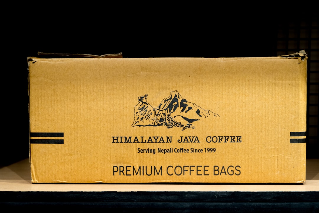 A box of coffee sitting on top of a shelf