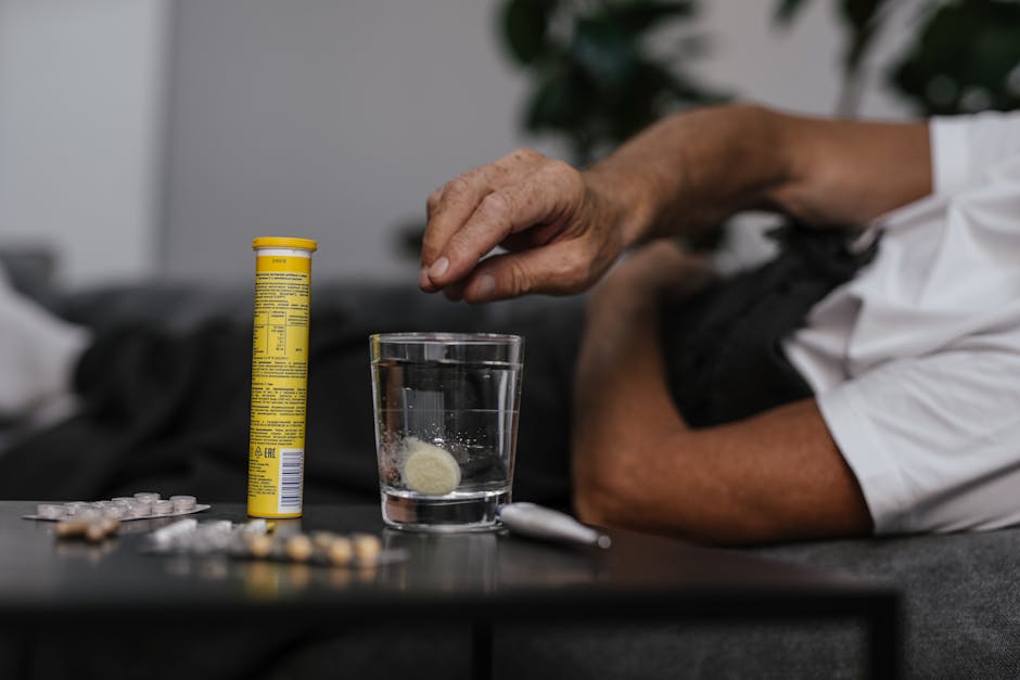 Elderly man lays in bed while dissolving a soluble medicine in water, indicating health and wellness home care.