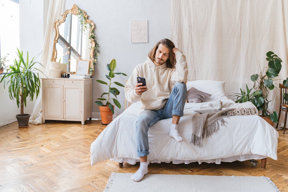 Casual young man in bedroom sitting on bed, using smartphone amid cozy decor.